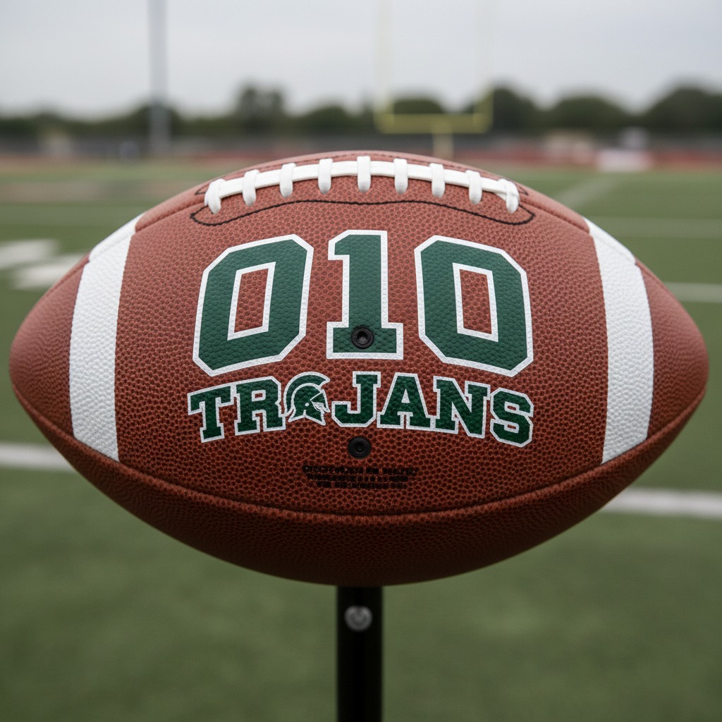 A brown football with white stripes and the text "010 TROJANS" printed on it sits on a stand in the middle of a football field.